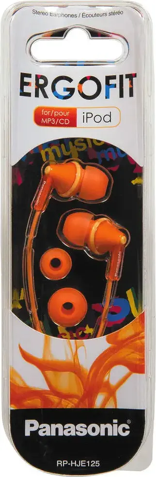 Panasonic RP-HJE125 ErgoFit In-Ear Wired Headphones, Orange, 10mm Dynamic Driver, Noise Isolating Ergonomic Design, 3.5mm Mini-jack, 10Hz-24kHz, 1.1m Cable