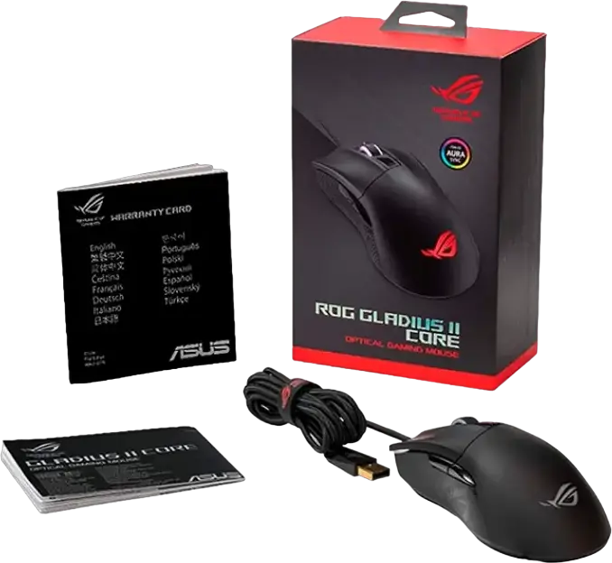 ASUS ROG Gladius II Core Wired Gaming Mouse, 6200 DPI Optical Sensor, 6 Programmable Buttons, Omron Switches, RGB AURA Sync, Ergonomic Right-Handed, Black