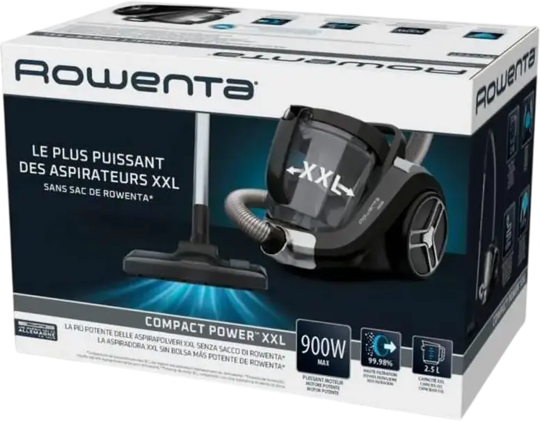 Безмешковый пылесос Rowenta Compact Power XXL RO4B25EA, мощность 900 Вт, пылесборник 2.5 л, 3-ступенчатая фильтрация, телескопическая стальная трубка, черный