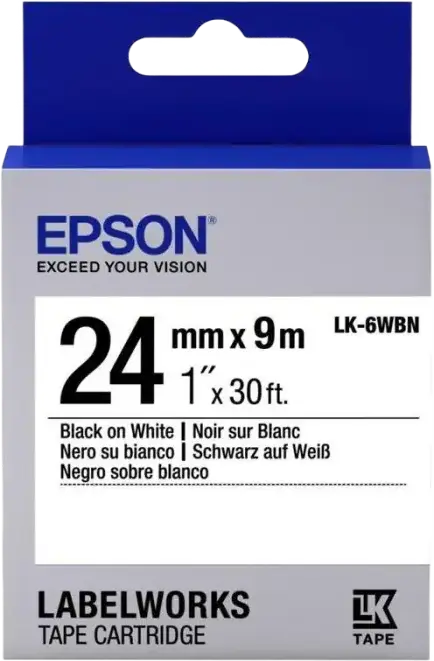Caseta de banda Epson LK-6WBN LabelWorks, 24mm x 9m, Banda Alba cu Text Negru, Design Standard Split-back pentru LW-600P LW-700 LW-900P LW-1000P LW-Z5000BE LW-Z710