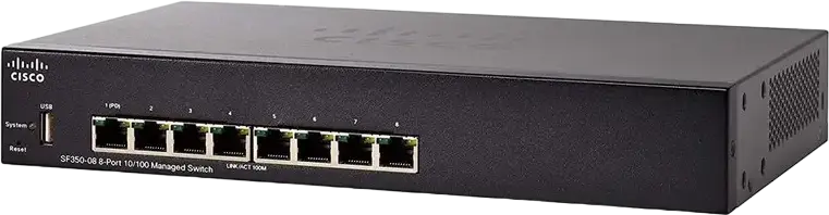 Cisco SF350-08 Managed Network Switch, 8-Port 10/100 Mbps Fast Ethernet, Layer 3 Static Routing, IPv6, VLAN, IEEE 802.1X Security, Metal Housing, Black