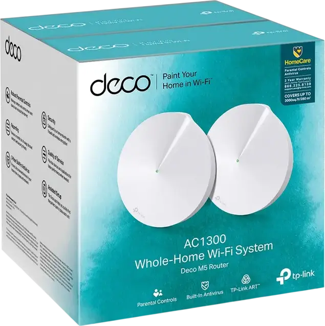 TP-Link Deco M5 AC1300 Whole Home Mesh Wi-Fi System, Dual-Band Gigabit, MU-MIMO, Beamforming, Seamless Roaming, HomeCare Antivirus & Parental Controls, White