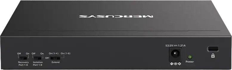 Switch Desktop Mercusys MS110P 10 Porturi 10/100Mbps, 8 Porturi PoE+ (802.3af/at), Buget Putere 65W, Mod Extend 250m, Mod Izolare, Carcasă Metalică, Negru