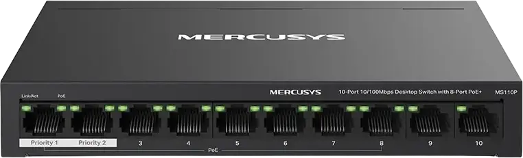 Switch Desktop Mercusys MS110P 10 Porturi 10/100Mbps, 8 Porturi PoE+ (802.3af/at), Buget Putere 65W, Mod Extend 250m, Mod Izolare, Carcasă Metalică, Negru