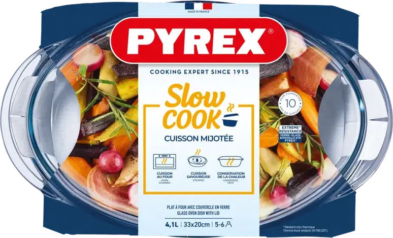 Vas de Gătit Pyrex 459A000 Oval din Sticlă cu Capac, 4.1L, Rezistent la Șoc Termic, 33 x 20 cm, Transparent