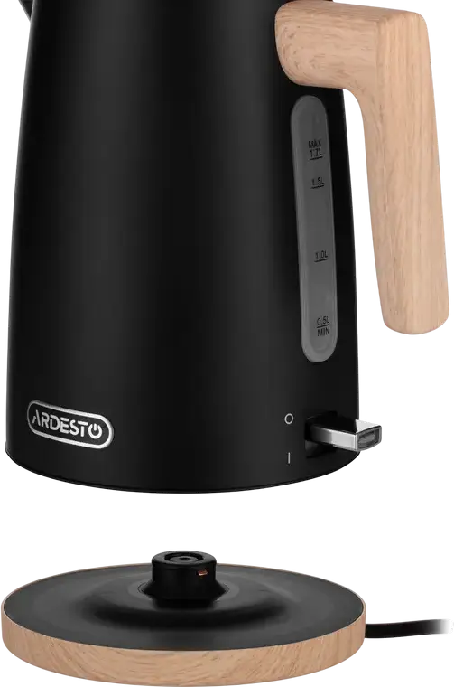Электрический чайник Ardesto EKL-F420BWD Wood Modern, 1.7 л, 2200 Вт, нержавеющая сталь и пластик, черный матовый, контроллер Strix, защита от выкипания