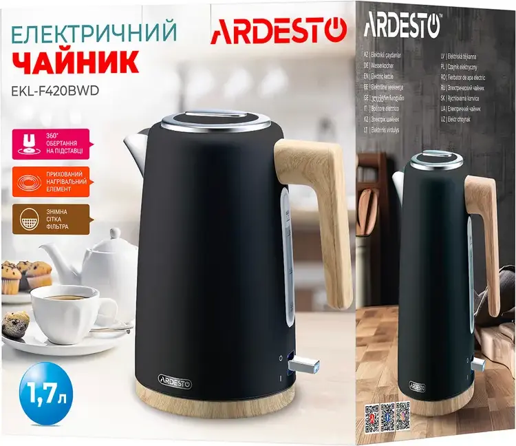 Электрический чайник Ardesto EKL-F420BWD Wood Modern, 1.7 л, 2200 Вт, нержавеющая сталь и пластик, черный матовый, контроллер Strix, защита от выкипания