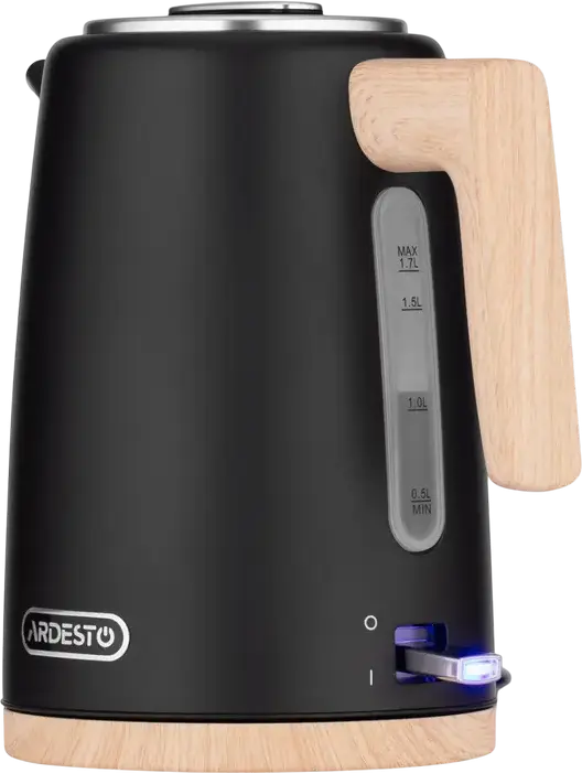 Электрический чайник Ardesto EKL-F420BWD Wood Modern, 1.7 л, 2200 Вт, нержавеющая сталь и пластик, черный матовый, контроллер Strix, защита от выкипания