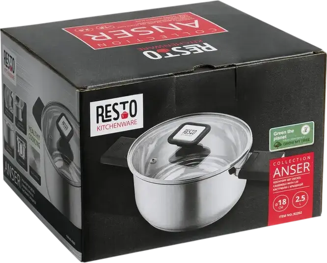 Resto 92202 Anser Stainless Steel Casserole with Glass Lid, 2.5L, 18cm, Capsule Bottom, Induction Compatible, Ergonomic Foldable Handles