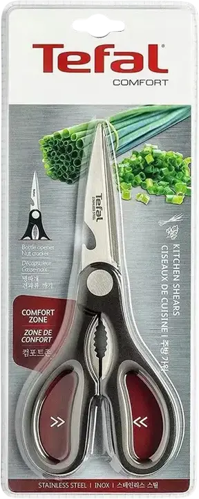 Foarce de bucătărie Tefal Comfort K2214104 3-în-1, din oțel inoxidabil cu deschizător de sticle și spărgător de nuci, mâner ergonomic soft-touch, Negru, 21 cm