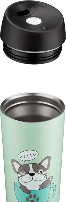 Ardesto AR2645DG Coffee Time Frenchie Thermal Travel Mug, 450ml Stainless Steel Vacuum Flask with Button-Valve, Green, BPA Free