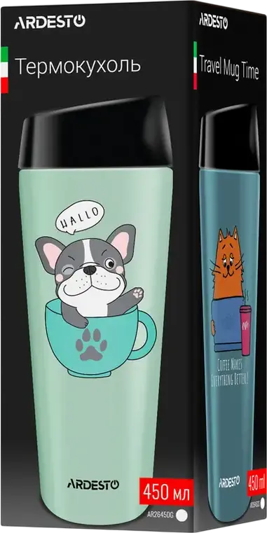 Ardesto AR2645DG Coffee Time Frenchie Thermal Travel Mug, 450ml Stainless Steel Vacuum Flask with Button-Valve, Green, BPA Free