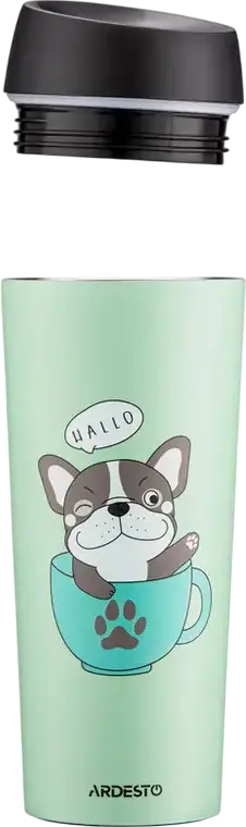 Ardesto AR2645DG Coffee Time Frenchie Thermal Travel Mug, 450ml Stainless Steel Vacuum Flask with Button-Valve, Green, BPA Free