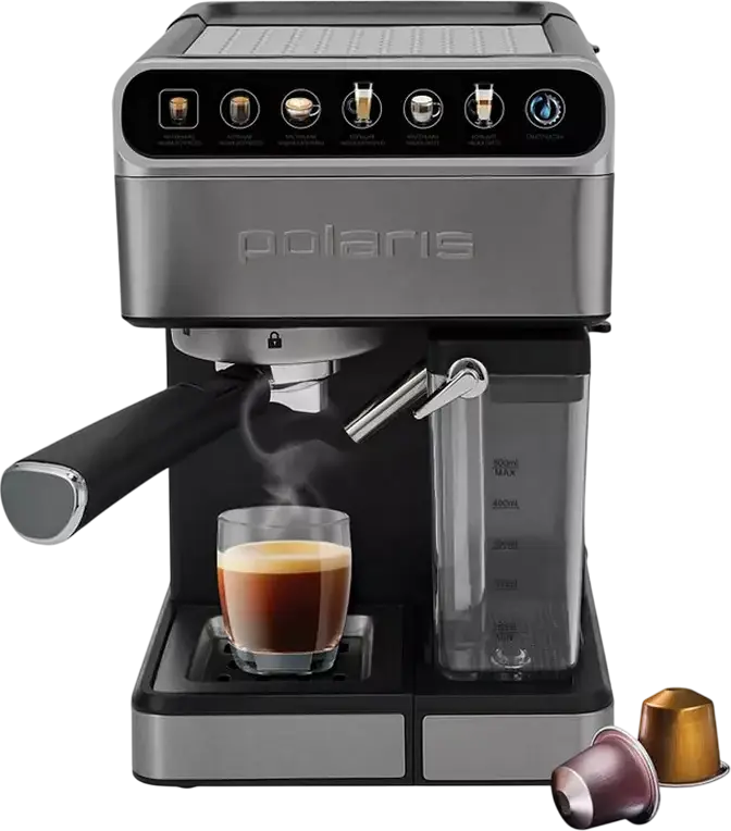 aparat de cafea espresso Polaris PCM1540, 1400W, Pompa 15 bar, Inox, Rezervor 1.8L, Control Wi-Fi IQ Home, Panou Tactil LED, Spumator Lapte Automat