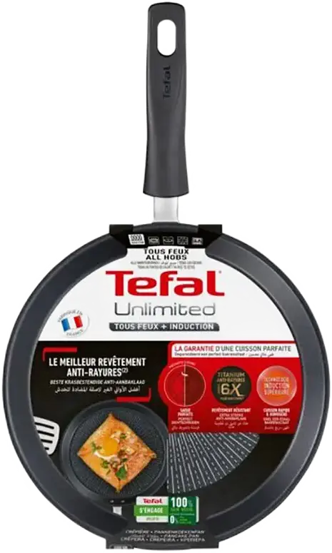 Tefal Unlimited G2553872 Crepe Pan 25 cm, Titanium Extra Non-Stick Coating, Thermo-Signal, Induction Compatible, Aluminium, Black
