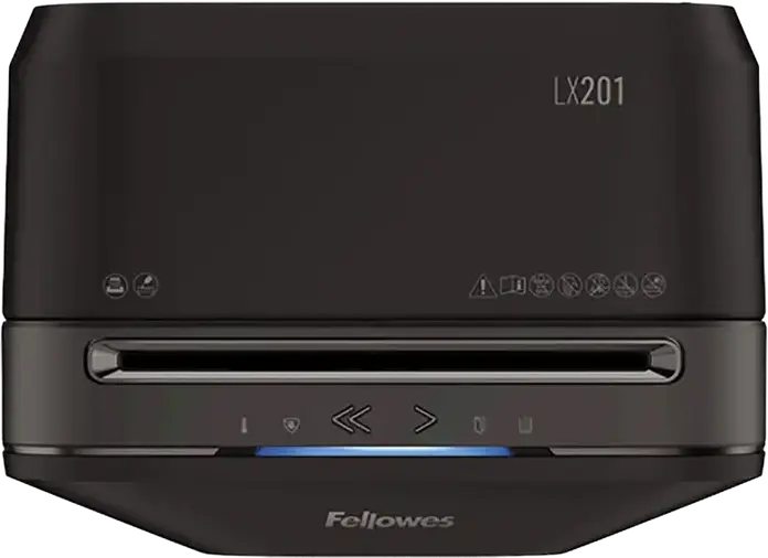 Шредер Fellowes Powershred LX201 с микрорезкой, уровень секретности P-5, на 12 листов, корзина 22 л, технологии Intellibar и Safesense, черный