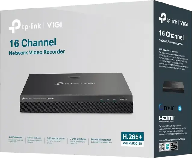 TP-Link VIGI NVR2016H Сетевой видеорегистратор NVR на 16 каналов, разрешение до 8МП, сжатие H.265+, 2 SATA слота, выход HDMI 4K, ONVIF, черный