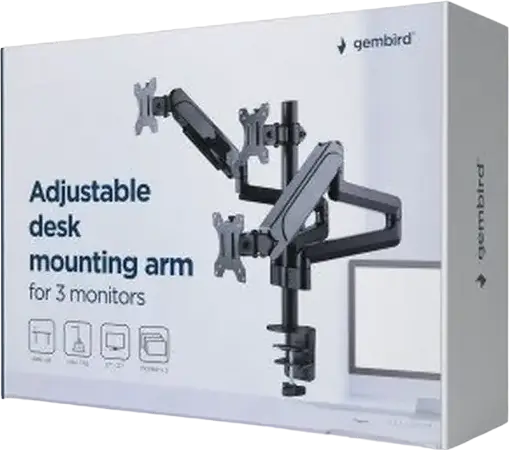 Suport de birou pentru 3 monitoare Gembird MA-DA3-01, Brat cu Gas Spring, pentru ecrane 17-27 inch, VESA 75x75 100x100, Otel, Negru, Reglabil