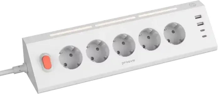 Proove Prism Socket Surge Protector Power Strip, 5 Schuko AC Outlets, 2 USB-A & 2 USB-C Ports, 3680W, 16A, 1.6m Cable, Overload Protection, White