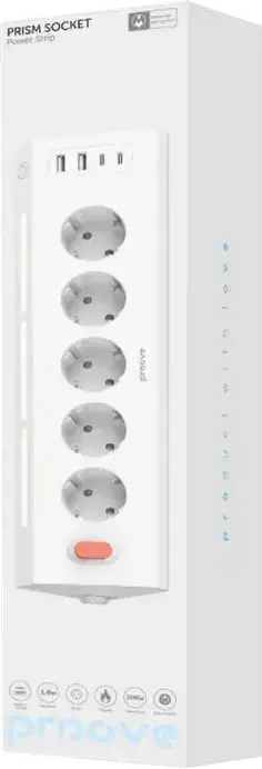 Proove Prism Socket Surge Protector Power Strip, 5 Schuko AC Outlets, 2 USB-A & 2 USB-C Ports, 3680W, 16A, 1.6m Cable, Overload Protection, White