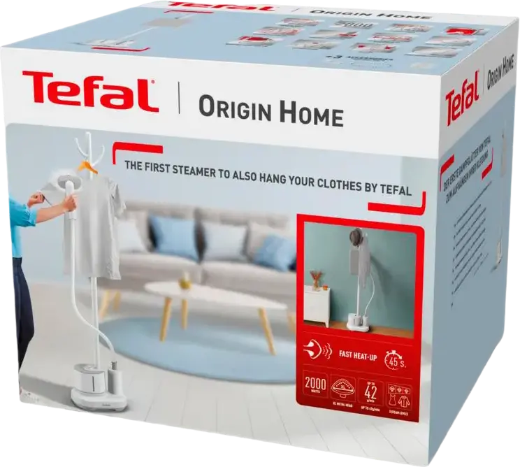 Вертикальный отпариватель Tefal IT3280E1 Origin Home, 2000 Вт, резервуар 1400 мл, подача пара 42 г/мин, система защиты от накипи, встроенная вешалка, белый