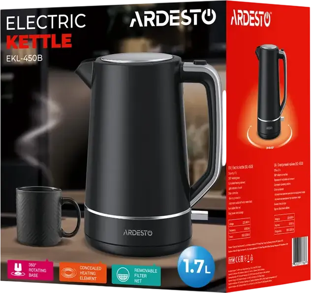 Ardesto EKL-450B Electric Kettle, 1.7L, 2200W, Plastic Housing, Concealed Heating Element, 360-Degree Rotating Base, Boil-Dry Protection, Black