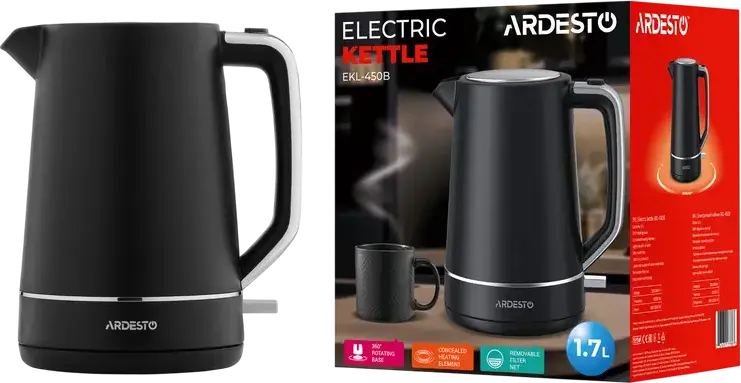 Ardesto EKL-450B Electric Kettle, 1.7L, 2200W, Plastic Housing, Concealed Heating Element, 360-Degree Rotating Base, Boil-Dry Protection, Black