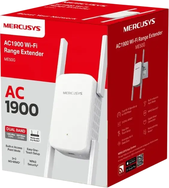 Mercusys ME50G AC1900 Wi-Fi Range Extender Repeater, Dual Band 2.4GHz 600Mbps & 5GHz 1300Mbps, 4 External Antennas, 3x3 MU-MIMO, Gigabit Ethernet, WPA3, White