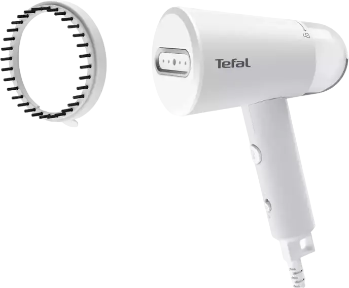 Fier de Calcat cu Abur Portabil Tefal DT1020E1 Origin Travel, 1200W, Flux Abur 20g/min, Design Pliabil Compact, Rezervor Detasabil 70ml, Alb, cu Perie