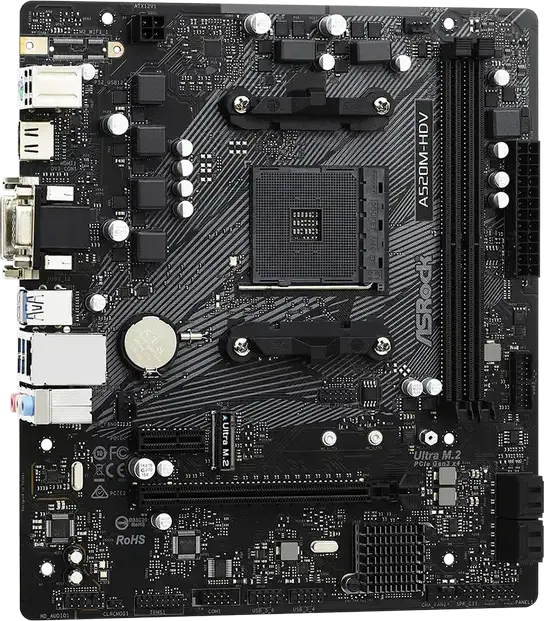 Материнская плата ASRock A520M-HDV Micro-ATX, сокет AMD AM4, чипсет A520, поддержка Ryzen 3000/4000/5000, Dual Channel DDR4 4733+(OC), Ultra M.2, HDMI