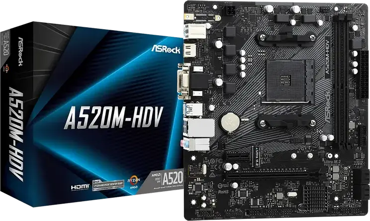 Материнская плата ASRock A520M-HDV Micro-ATX, сокет AMD AM4, чипсет A520, поддержка Ryzen 3000/4000/5000, Dual Channel DDR4 4733+(OC), Ultra M.2, HDMI