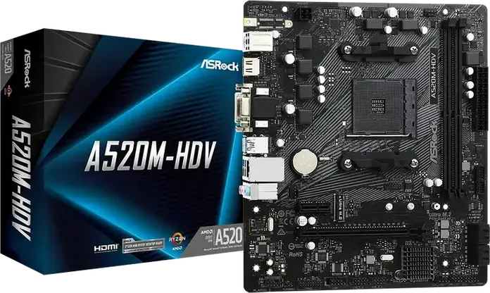 Материнская плата ASRock A520M-HDV Micro-ATX, сокет AMD AM4, чипсет A520, поддержка Ryzen 3000/4000/5000, Dual Channel DDR4 4733+(OC), Ultra M.2, HDMI