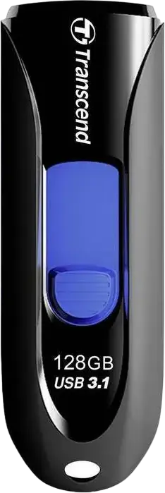 Transcend JetFlash 790 128 GB USB 3.1 Gen 1 Flash Drive, Black/Blue, USB Type-A Capless Slide-out Design, Compatible with Windows, macOS, Linux, Android