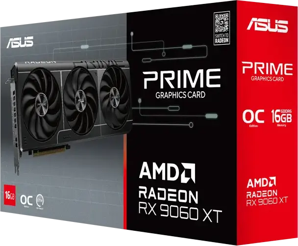 Видеокарта ASUS Prime Radeon RX 9060 XT, 16GB GDDR6, Navi 44, Boost до 3330 MHz, PCI Express 5.0, 3 вентилятора Axial-tech, PRIME-RX9060XT-O16G
