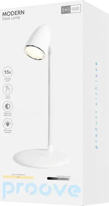 Lampa de birou LED Proove Modern, 10W, 36 diode, 3 nivele de luminozitate, 4000K Alb Cald, CRI: Alb, Incarcator Wireless 15W, USB Type-C, Plastic ABS, Alb