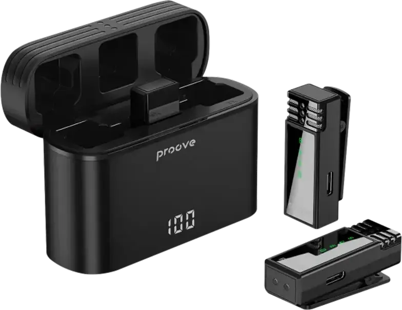 Proove Record Wireless Lavalier Microphone System, Omnidirectional Condenser Mic, USB Type-C, Noise Reduction, 20m Range, with LED Charging Case, Black