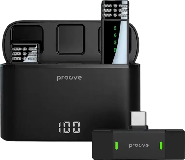 Proove Record Wireless Lavalier Microphone System, Omnidirectional Condenser Mic, USB Type-C, Noise Reduction, 20m Range, with LED Charging Case, Black