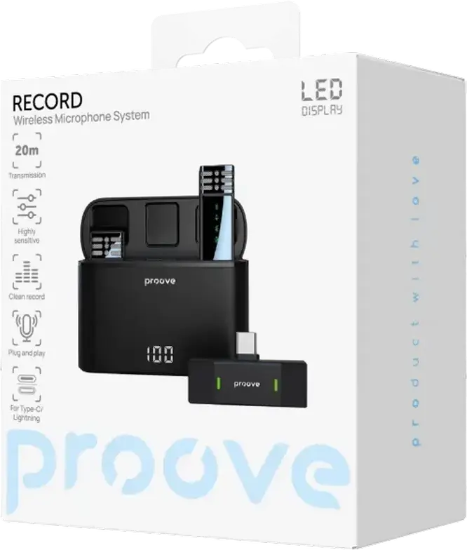 Proove Record Wireless Lavalier Microphone System, Omnidirectional Condenser Mic, USB Type-C, Noise Reduction, 20m Range, with LED Charging Case, Black