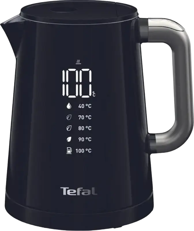 Tefal KO854830 Smart'n Light Digital Electric Kettle, 1L, 1800W, Stainless Steel, 5 Temperature Settings, LED Display, Double Wall Cool Touch, Black