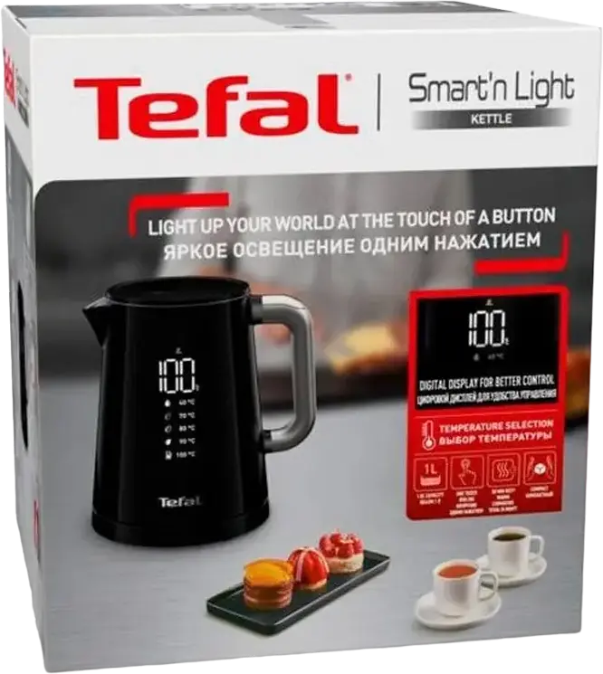 Tefal KO854830 Smart'n Light Digital Electric Kettle, 1L, 1800W, Stainless Steel, 5 Temperature Settings, LED Display, Double Wall Cool Touch, Black