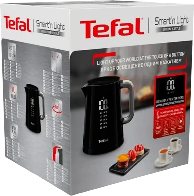 Tefal KO854830 Smart'n Light Digital Electric Kettle, 1L, 1800W, Stainless Steel, 5 Temperature Settings, LED Display, Double Wall Cool Touch, Black