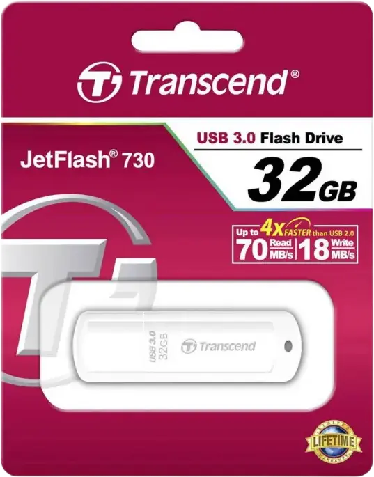 Stick USB Transcend JetFlash 730 32GB USB 3.1 Gen 1, Interfață USB Type-A, Viteza de Citire până la 90MB/s, Corp de Plastic Alb cu Capac, Software Transcend Elite
