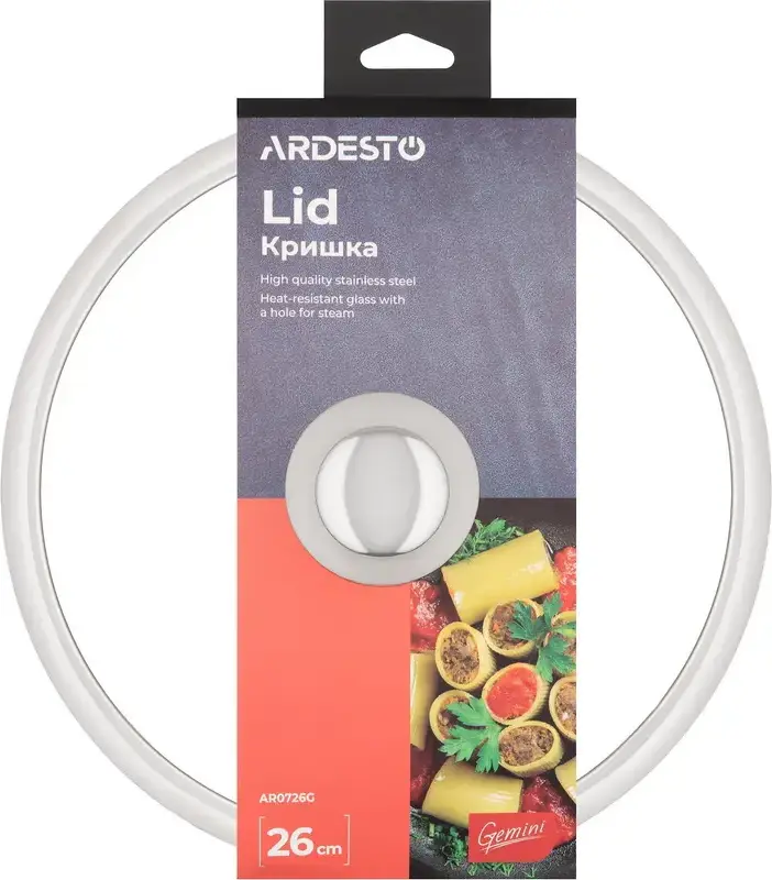 Ardesto Lid Gemini AR0726G Heat-Resistant Glass Pot Lid, 26 cm, Stainless Steel Rim and Handle, with Steam Exhaust Hole, Dishwasher Safe