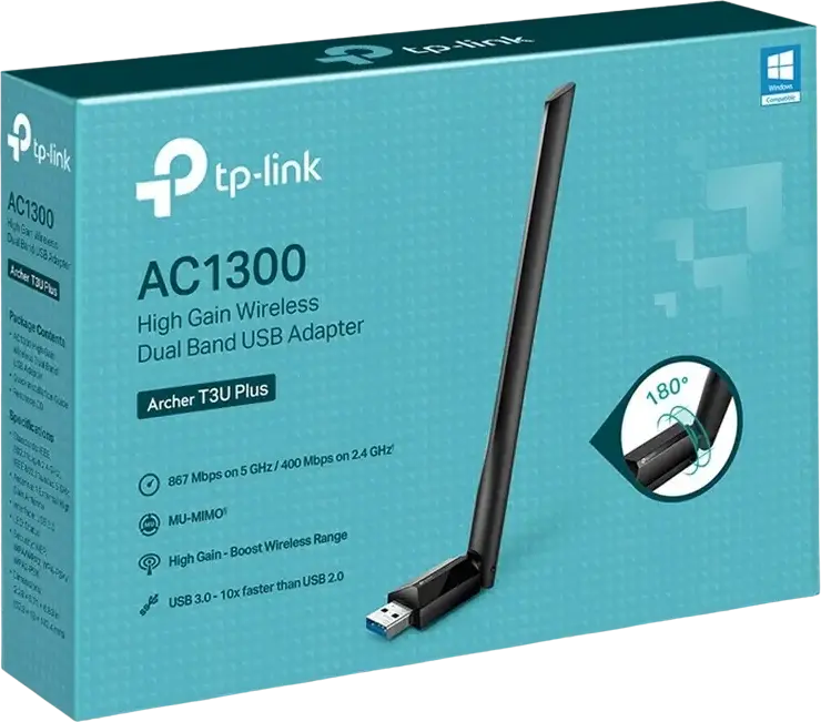 Adaptor Wireless USB 3.0 TP-Link Archer T3U Plus AC1300 Dual Band cu Antenă Externă High Gain, MU-MIMO, 867Mbps (5GHz) + 400Mbps (2.4GHz), Negru