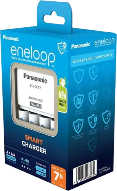Încărcător Inteligent de Baterii Panasonic BQ-CC17 pentru AA și AAA Ni-MH, 4 Sloturi cu Control Individual al Încărcării, Oprire Automată, Alb