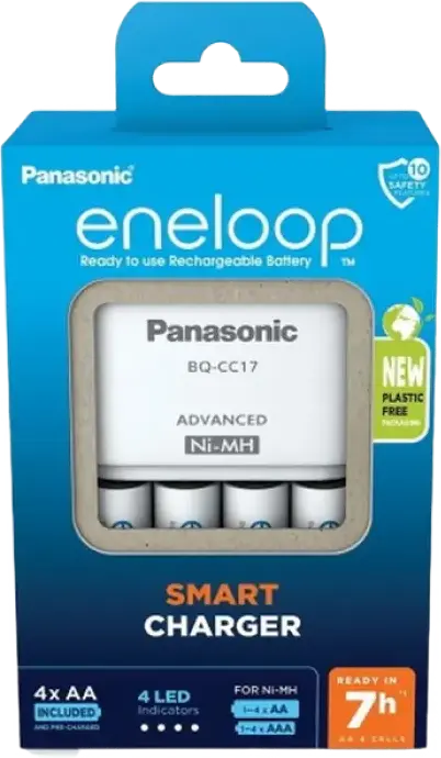 Încărcător Inteligent de Baterii Panasonic BQ-CC17 pentru AA și AAA Ni-MH, 4 Sloturi cu Control Individual al Încărcării, Oprire Automată, Alb