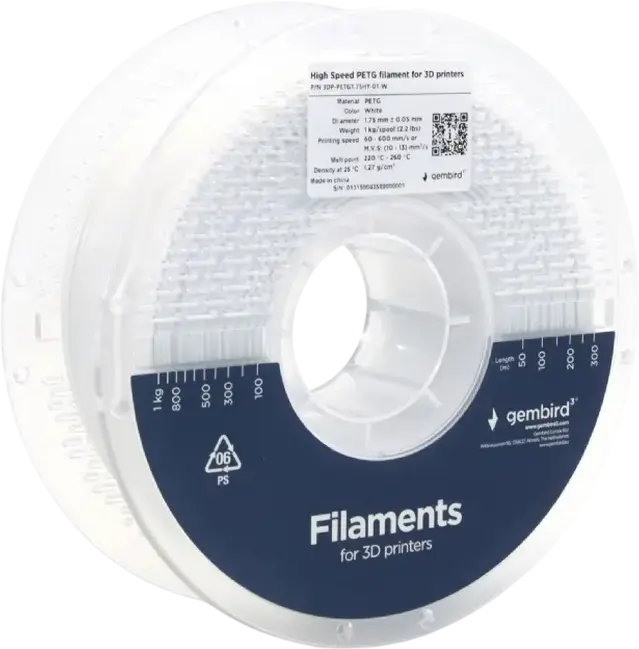 Gembird 3DP-PETG1.75HY High Speed PETG 3D Printer Filament, 1.75mm Diameter, White, 1kg Spool