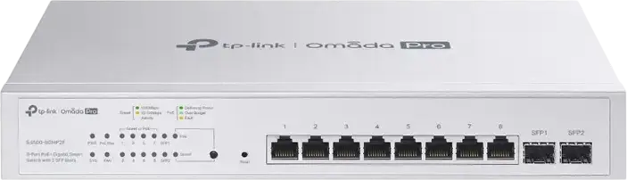 TP-Link Omada Pro S4500-8GHP2F 8-Port PoE+ Gigabit Smart Switch, 2 SFP Slots, 150W Total Power Budget, L2+ Static Routing, SDN Cloud Management