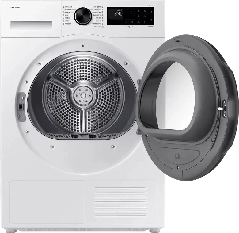 Samsung DV90DG52A0AELE Heat Pump Tumble Dryer, 9 kg Capacity, Energy Class C, Wi-Fi SmartThings, White with Black Door, 85x60x60 cm