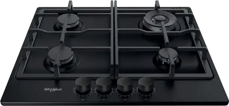 Газовая варочная панель Whirlpool TKRL 661 NB для встраивания, 4 конфорки с мощным двойным горелком 3.5 кВт, чугунные решетки, эмаль, черный, 58x51 см